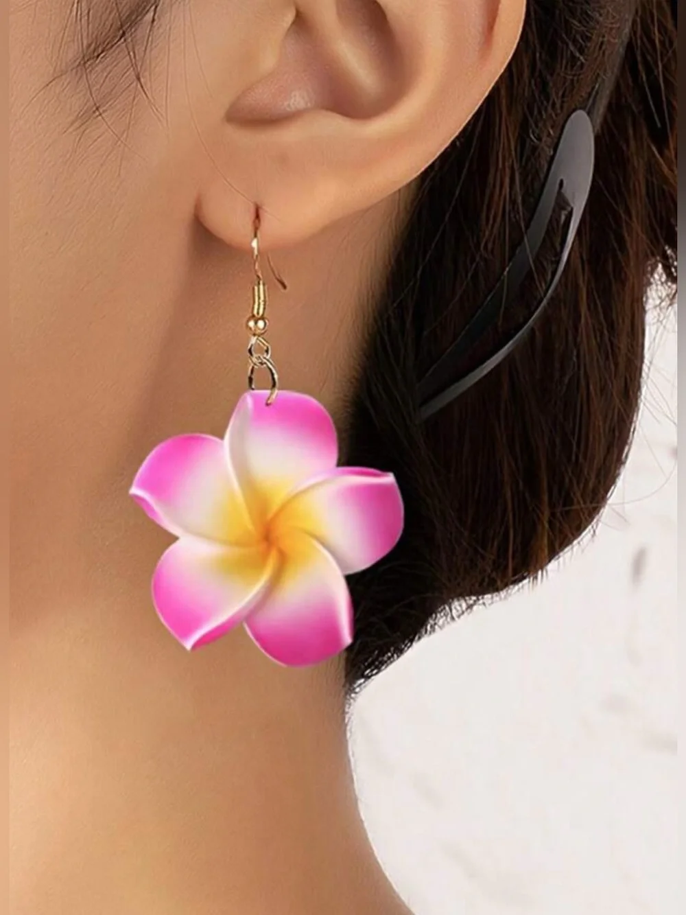 Pink White Yellow Plumeria Flower Drop Earrings